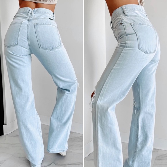 Kancan Jeans Ultra High Waist Y2K 90s Light Washed Distressed Wide Leg - Picture 2 of 11